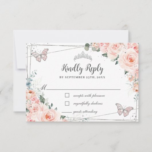 Chic Blush Floral Silver QUINCEAÑERA Schmetterling RSVP Karte (Vorderseite)