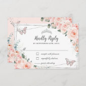 Chic Blush Floral Silver QUINCEAÑERA Schmetterling RSVP Karte (Vorne/Hinten)