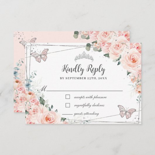 Chic Blush Floral Silver QUINCEAÑERA Schmetterling RSVP Karte (Vorne/Hinten)