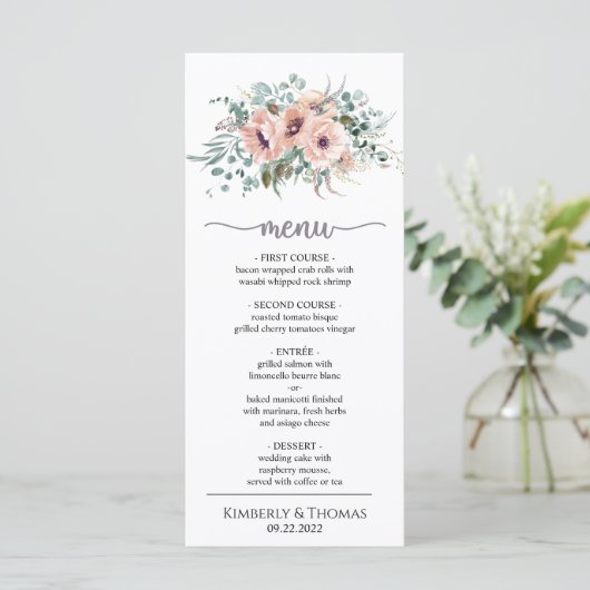 Chic Blush Floral Wedding Dinner Menü Menükarte (Stehend Vorderseite)