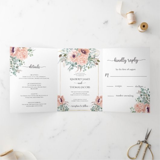 Chic Blush Floral Wedding Drei-Falten Einladung (Innenseite)