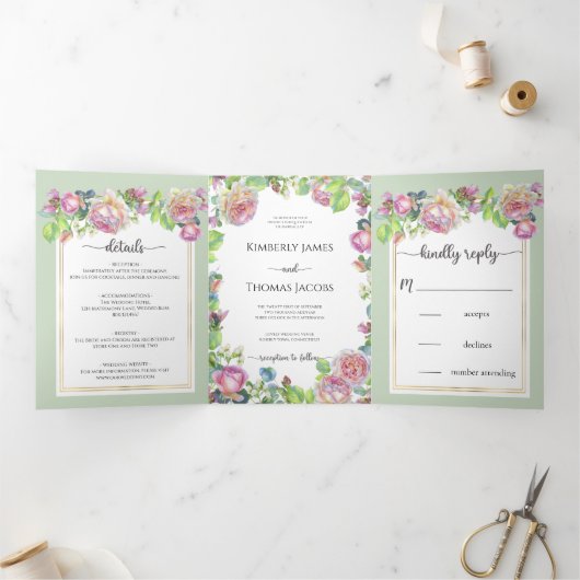 Chic Blush Floral Wedding Drei-Falten Einladung (Innenseite)