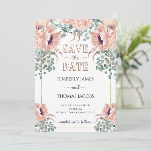 Chic Blush Floral Wedding Save The Date (Stehend Vorderseite)