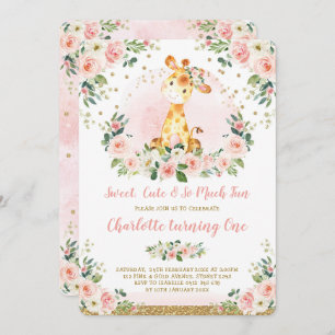 Chic Blush Gold Floral Giraffe 1. Geburtstag Party Einladung