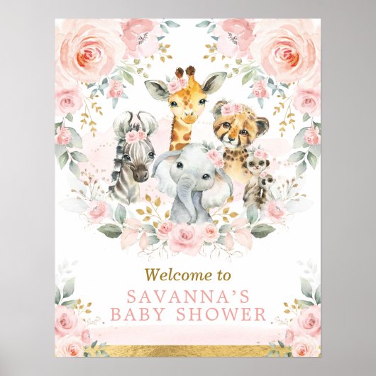 Chic Blush Gold Jungle Safari Baby Tiere Willkomme Poster (Vorne)