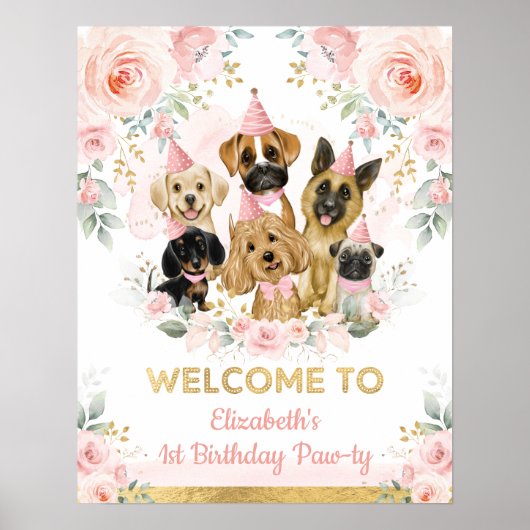 Chic Blush Gold Puppies Begleiter Hunde Geburtstag Poster (Vorne)