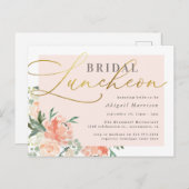 Chic Blush & Gold Script Floral Bridal Luncheon Einladungspostkarte (Vorne/Hinten)