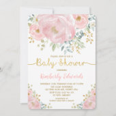Chic Blush Gold Wasserfarbenblume Girl Baby Dusche Einladung (Vorderseite)