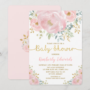 Chic Blush Gold Wasserfarbenblume Girl Baby Dusche Einladung