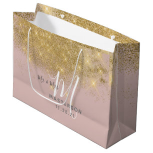 Chic Blush   Goldstaub Glitzermonogramm Hochzeit Große Geschenktüte
