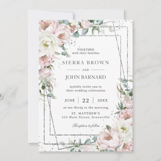 Chic Blush Ivory Peonies Floral Geometric Wedding Einladung (Vorderseite)