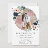 Chic Blush Navy Blue Floral Silver Greenerity Foto Save The Date (Vorderseite)