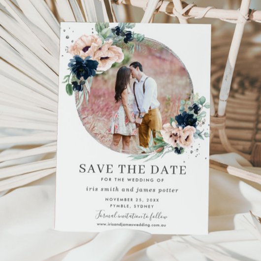 Chic Blush Navy Blue Floral Silver Greenerity Foto Save The Date