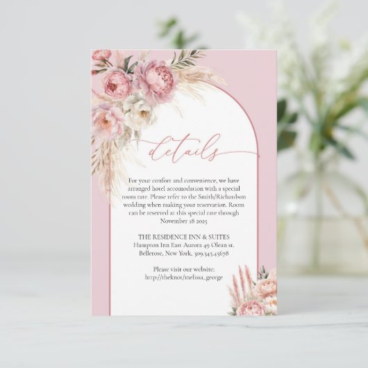 Chic Blush Peonies pampas boho arch Details Begleitkarte (Stehend Vorderseite)
