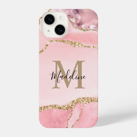 Chic Blush Pink Agate Geode Gold Script Monogram iPhone Hülle (Rückseite)