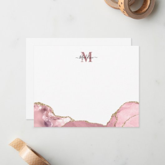 Chic Blush Pink Agate Geode Marble Monogram Hinwei Mitteilungskarte (Vorderseite/Rückseite Beispiel)