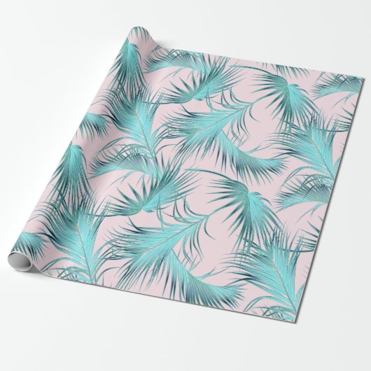 Chic Blush Pink Aqua Blauer Palm Frontsatz Muster Geschenkpapier (Ungerollt)