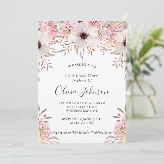 Chic Blush Pink Aquarell Brautparty Einladung (Stehend Vorderseite)