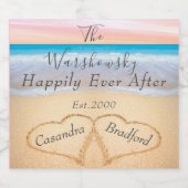 Chic Blush Pink Beach Wedding 2 Heart Sand Sparkli Schaumweinetikett (Einzelnes Label)