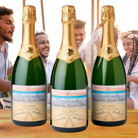 Chic Blush Pink Beach Wedding 2 Heart Sand Sparkli Schaumweinetikett