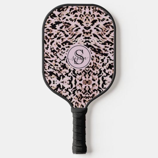 Chic Blush Pink Black Gold Leopard Print Girls Pickleball Schläger (Vorderseite)