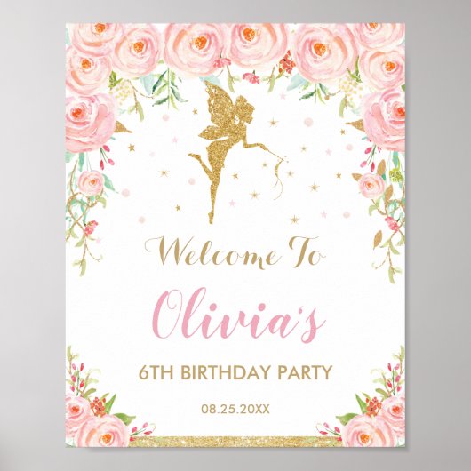Chic Blush Pink Blues Fairy Geburtstag Willkommen Poster (Vorne)