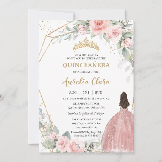 Chic Blush Pink Blues Prinzessin Crown Quinceañera Einladung (Vorderseite)