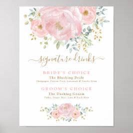 Chic Blush Pink Blume Hochzeit Signature Drinks Poster