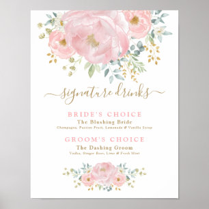 Chic Blush Pink Blume Hochzeit Signature Drinks Poster