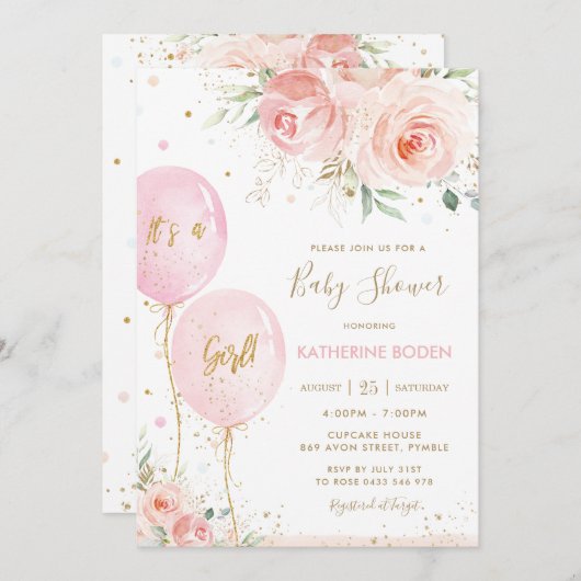 Chic Blush Pink Blumenbläschen Gold Baby Dusche Einladung (Vorne/Hinten)