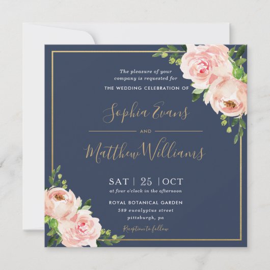 Chic Blush Pink Blumengrün Hochzeit der Marine Einladung (Vorderseite)