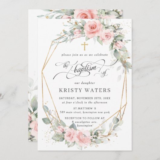 Chic Blush Pink Blumengrün Taufe Geometrie Einladung (Vorne/Hinten)