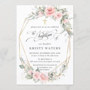 Chic Blush Pink Blumengrün Taufe Geometrie Einladung