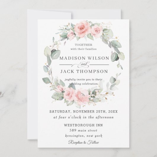 Chic Blush Pink Blumengrün Wreath Wedding Einladung (Vorderseite)