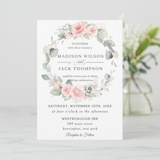 Chic Blush Pink Blumengrün Wreath Wedding Einladung (Stehend Vorderseite)