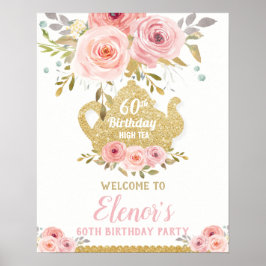 Chic Blush Pink Blumentee Party Geburtstag Willkom Poster