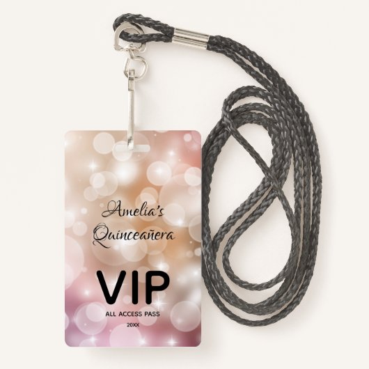 Chic Blush Pink Bokeh Quinceañera Invite VIP Pass Ausweis (Vorderseite mit Schlüsselband)
