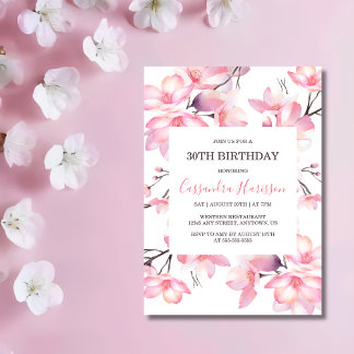 Chic Blush Pink Cherry Blossom Botanischer Geburts Einladung