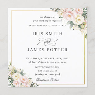 Chic Blush Pink Elfenbeinflora Gold Hochzeitsplatz Einladung