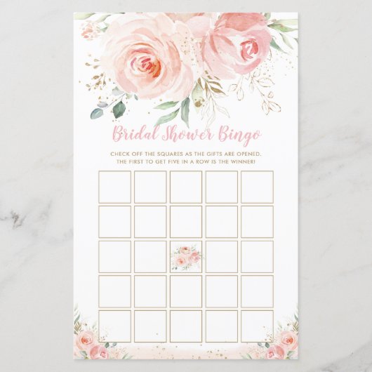 Chic Blush Pink Floral Brautparty Bingo Spiel (Vorderseite)