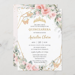 Chic Blush Pink Floral Butterfliegen Quinceañera Einladung