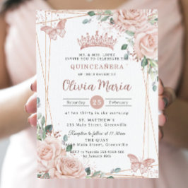 Chic Blush Pink Floral Butterfliegen Quinceañera Einladung