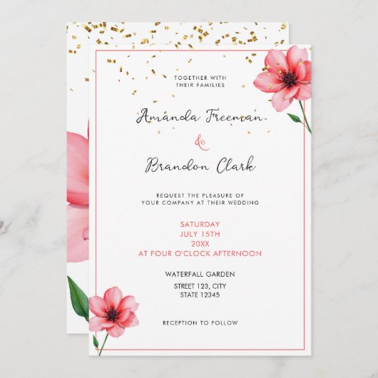 Chic Blush Pink Floral Confetti Frame Wedding Einladung (Vorne/Hinten)