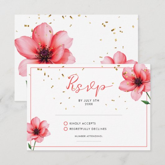 Chic Blush Pink Floral Confetti Rahmen Hochzeit RSVP Karte (Vorne/Hinten)