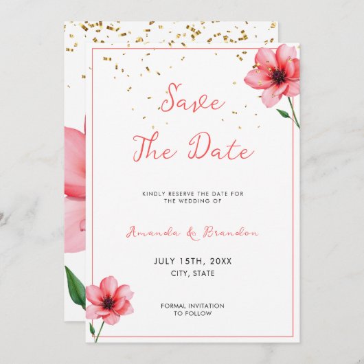 Chic Blush Pink Floral Confetti Rahmen Hochzeit Save The Date (Vorne/Hinten)