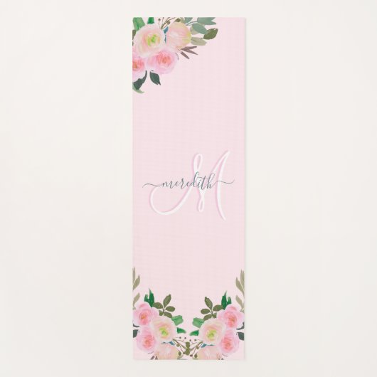 Chic Blush Pink Floral Custom Monogram Name Yogamatte (Vorderseite)