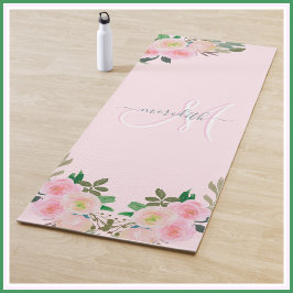 Chic Blush Pink Floral Custom Monogram Name Yogamatte