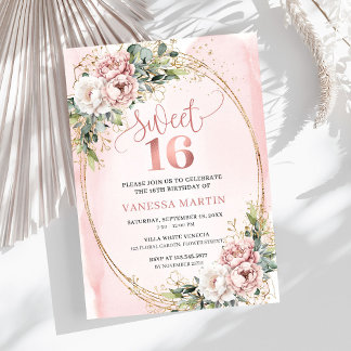Chic Blush Pink Floral Eucalyptus Sweet 16 Invite Einladung