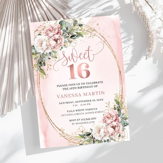 Chic Blush Pink Floral Eucalyptus Sweet 16 Invite Einladung