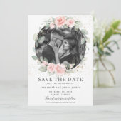 Chic Blush Pink Floral Foto Save the Date Karte (Stehend Vorderseite)